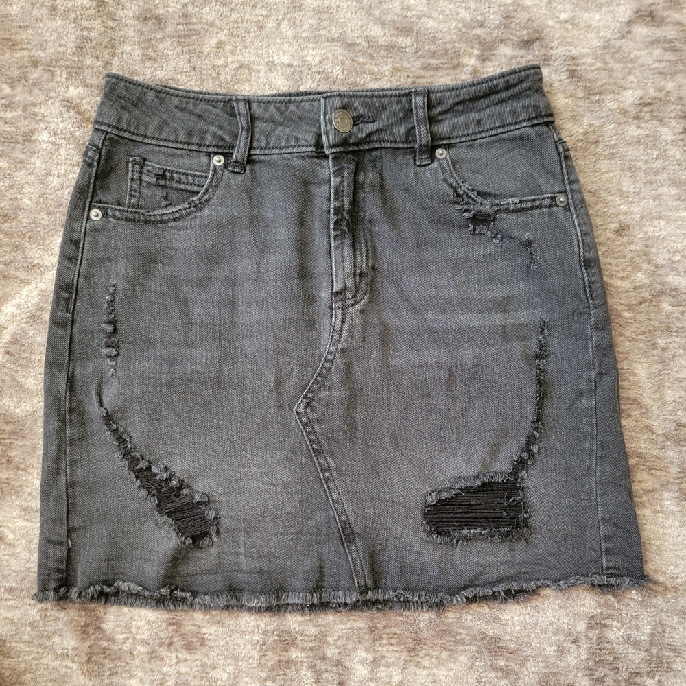 Distressed Black Denim Mini Skirt